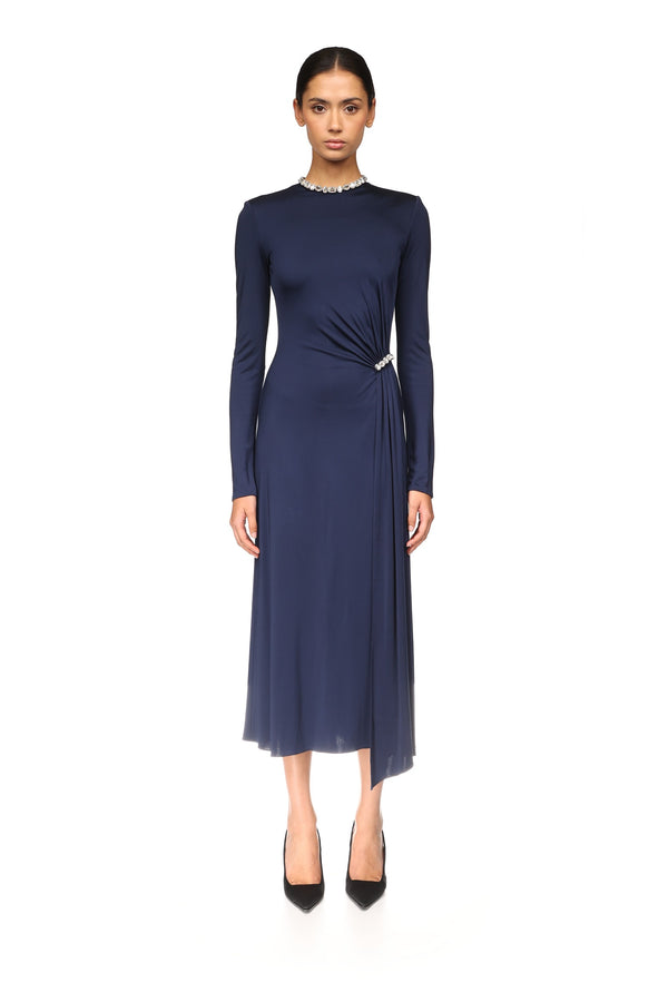 David Koma CRYSTAL EMBROIDERY NECK & WAIST DETAIL MIDI DRESS NAVY/SILVER