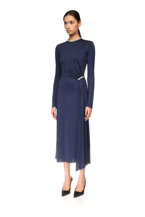 David Koma CRYSTAL EMBROIDERY NECK & WAIST DETAIL MIDI DRESS NAVY/SILVER