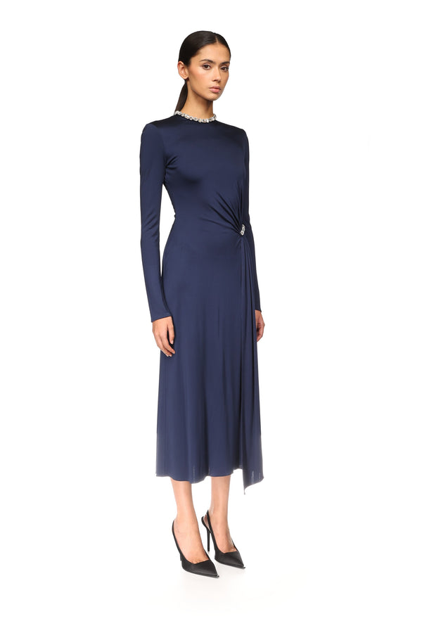 David Koma CRYSTAL EMBROIDERY NECK & WAIST DETAIL MIDI DRESS NAVY/SILVER