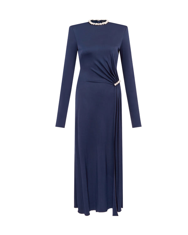 david koma CRYSTAL EMBROIDERY NECK & WAIST DETAIL MIDI DRESS NAVY/SILVER