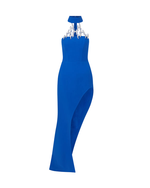 david koma CRYSTAL FISH HOOK HALTER GOWN IN BLUE BLUE/SILVER