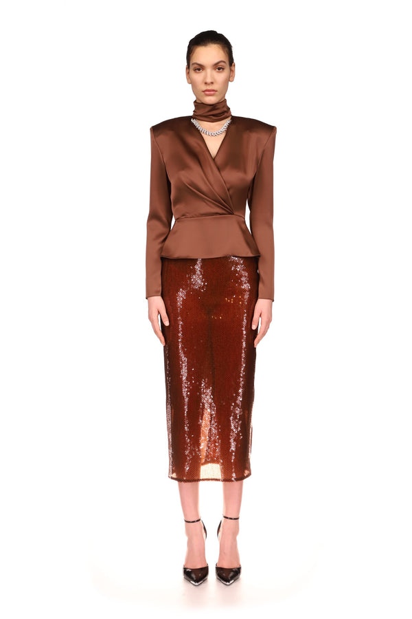 David Koma CRYSTAL FLAME CHAIN AND CHOKER WRAP TOP BROWN/SILVER