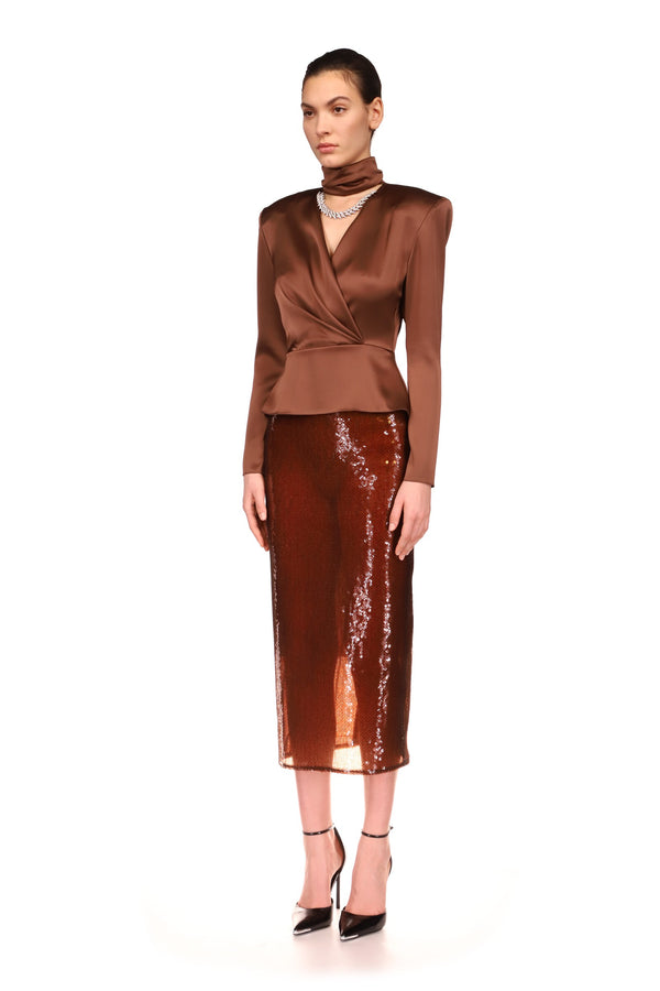 David Koma CRYSTAL FLAME CHAIN AND CHOKER WRAP TOP BROWN/SILVER