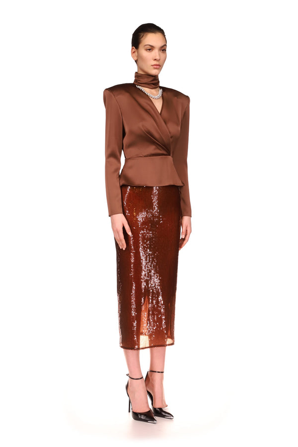 David Koma CRYSTAL FLAME CHAIN AND CHOKER WRAP TOP BROWN/SILVER