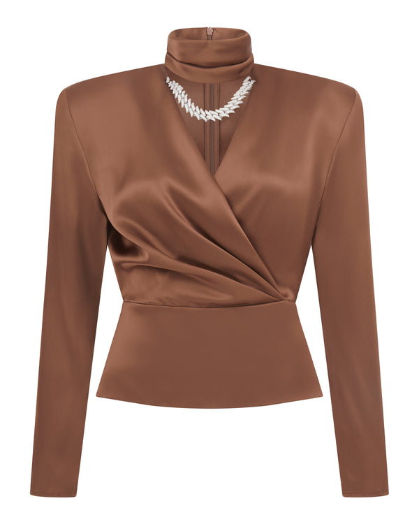 david koma CRYSTAL FLAME CHAIN AND CHOKER WRAP TOP BROWN/SILVER