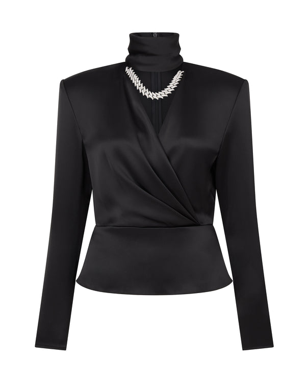 david koma CRYSTAL FLAME CHAIN AND CHOKER WRAP TOP IN BLACK BLACK/SILVER