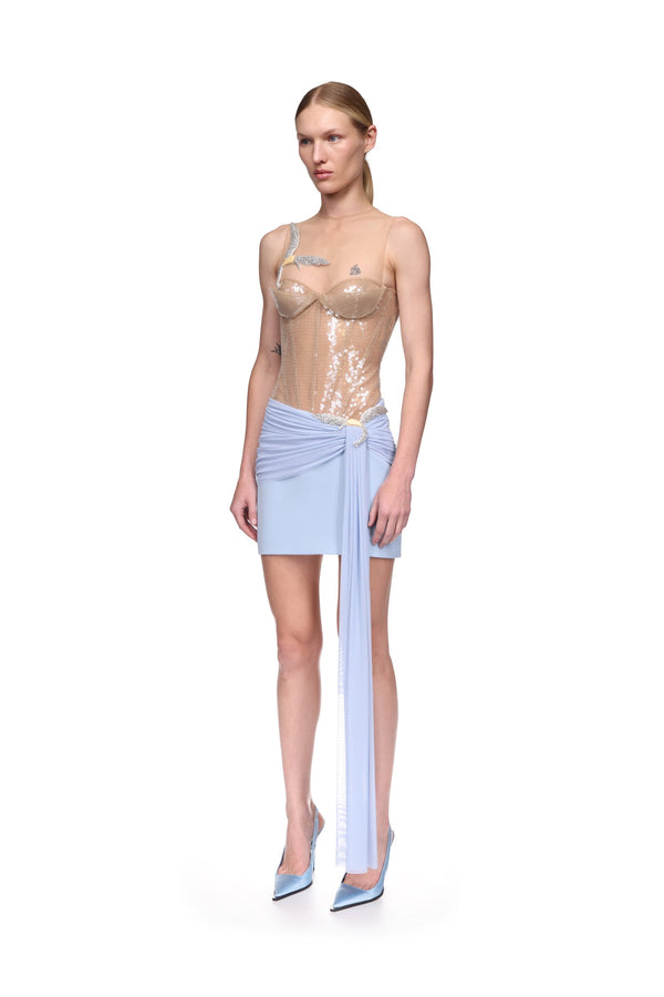 David Koma CRYSTAL HUMMINGBIRD AND DRAPE DETAIL MINI SKIRT SOFT BLUE/PEACH/SILVER