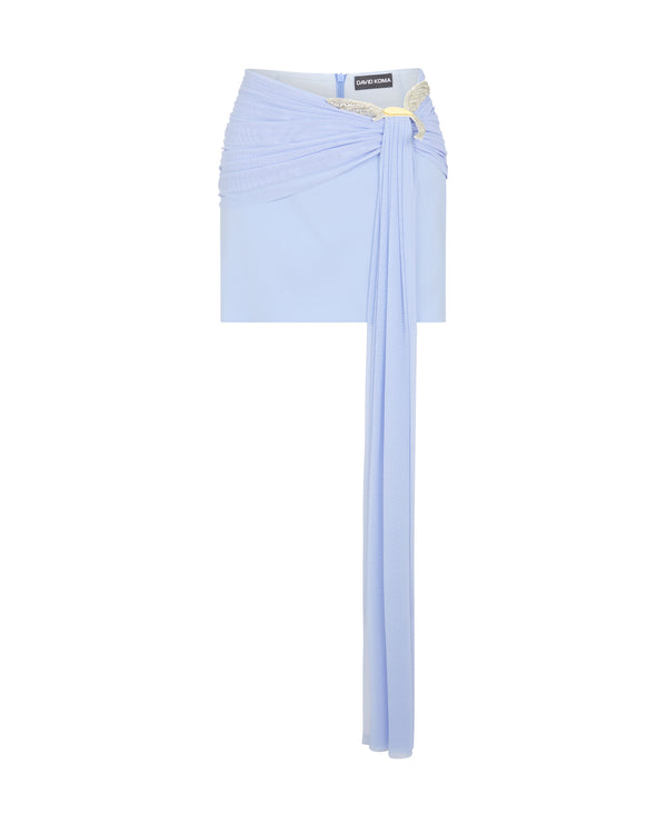 david koma CRYSTAL HUMMINGBIRD AND DRAPE DETAIL MINI SKIRT SOFT BLUE/PEACH/SILVER