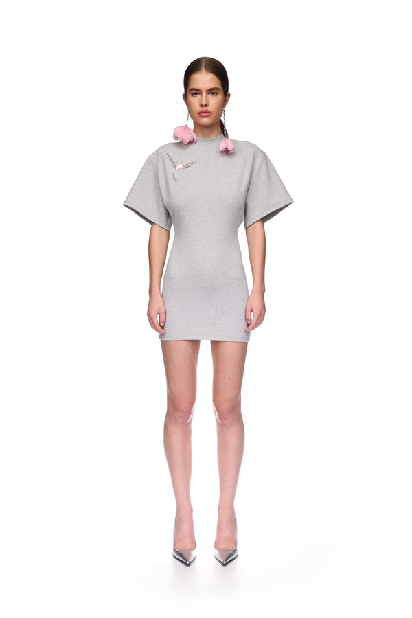 David Koma CRYSTAL HUMMINGBIRD SOFT JERSEY DRESS GREY/PINK/SILVER