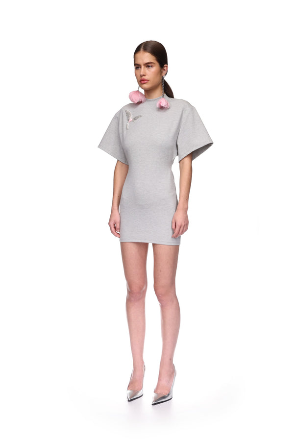 David Koma CRYSTAL HUMMINGBIRD SOFT JERSEY DRESS GREY/PINK/SILVER