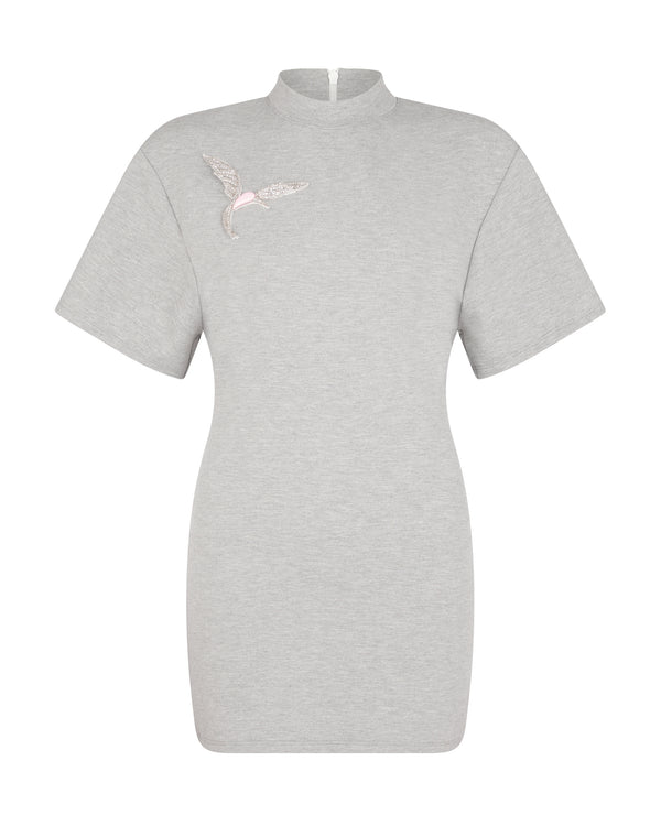david koma CRYSTAL HUMMINGBIRD SOFT JERSEY DRESS GREY/PINK/SILVER