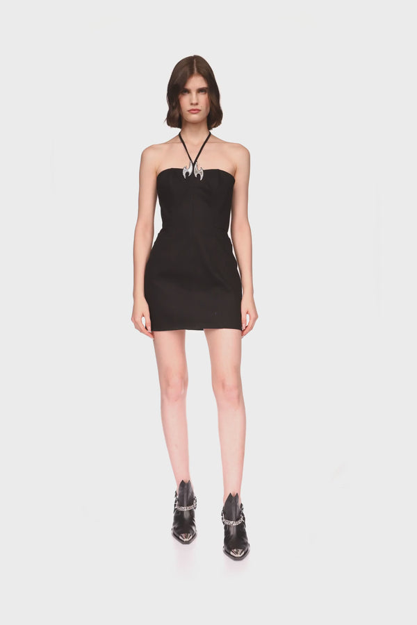 David Koma CRYSTAL & PLEXI EMBROIDERY FISH HOOK DENIM DRESS BLACK/SILVER