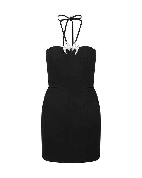 david koma CRYSTAL & PLEXI EMBROIDERY FISH HOOK DENIM DRESS BLACK/SILVER