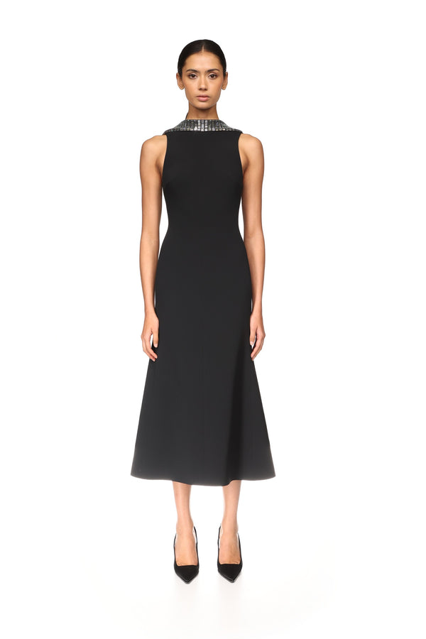 David Koma CRYSTAL RHINESTONE BACK DETAIL MIDI DRESS BLACK/SILVER