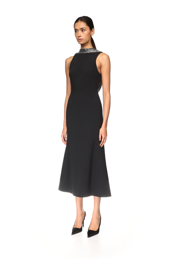 David Koma CRYSTAL RHINESTONE BACK DETAIL MIDI DRESS BLACK/SILVER