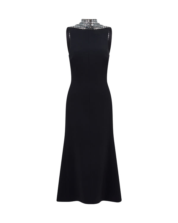 david koma CRYSTAL RHINESTONE BACK DETAIL MIDI DRESS BLACK/SILVER