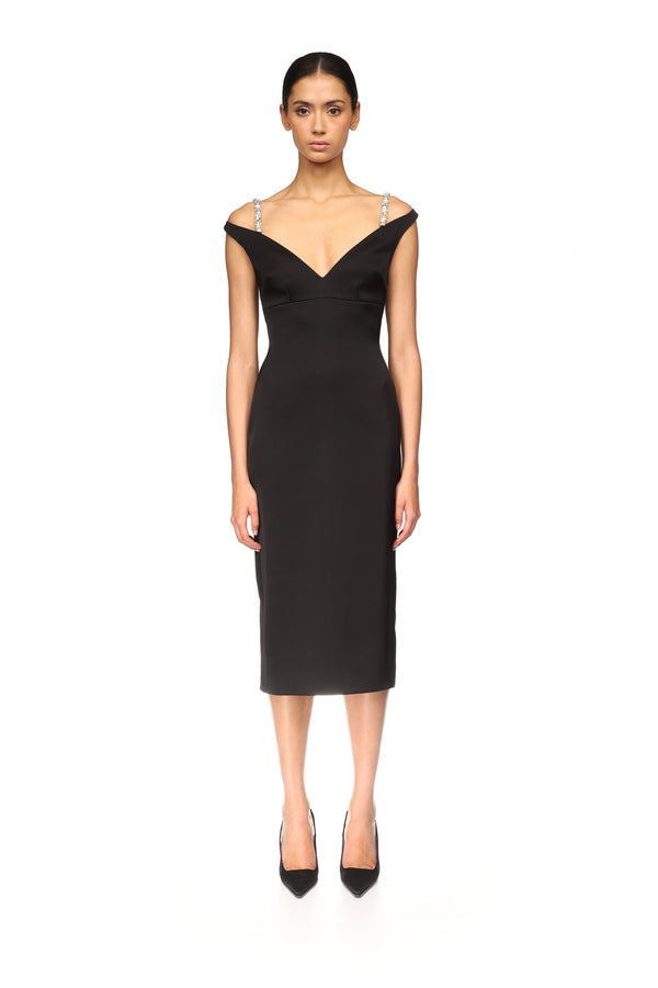 David Koma CRYSTAL STRAP DETAIL MIDI DRESS BLACK/SILVER