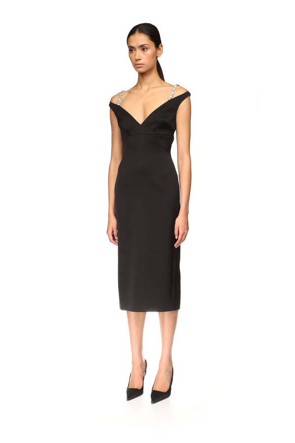 David Koma CRYSTAL STRAP DETAIL MIDI DRESS BLACK/SILVER