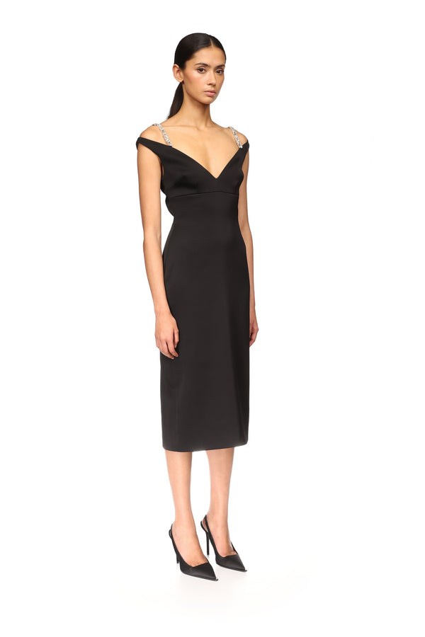 David Koma CRYSTAL STRAP DETAIL MIDI DRESS BLACK/SILVER