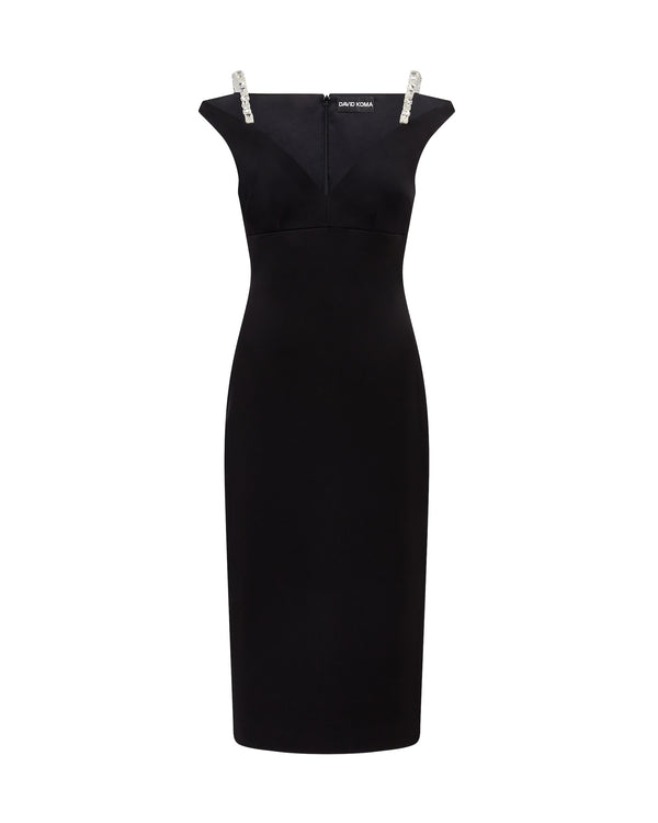 david koma CRYSTAL STRAP DETAIL MIDI DRESS BLACK/SILVER