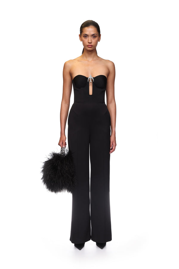 David Koma CRYSTAL SWALLOW WIDE LEG JUMPSUIT BLACK/SILVER