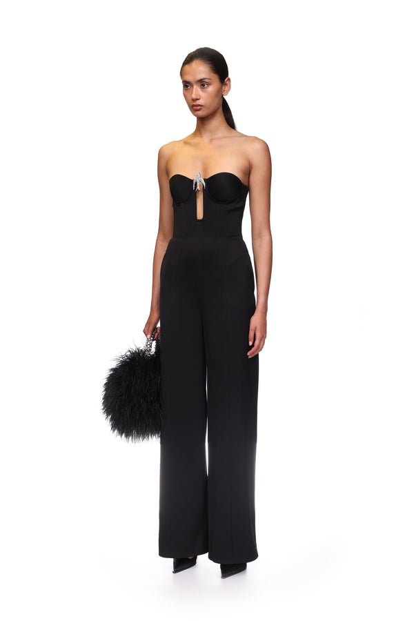 David Koma CRYSTAL SWALLOW WIDE LEG JUMPSUIT BLACK/SILVER