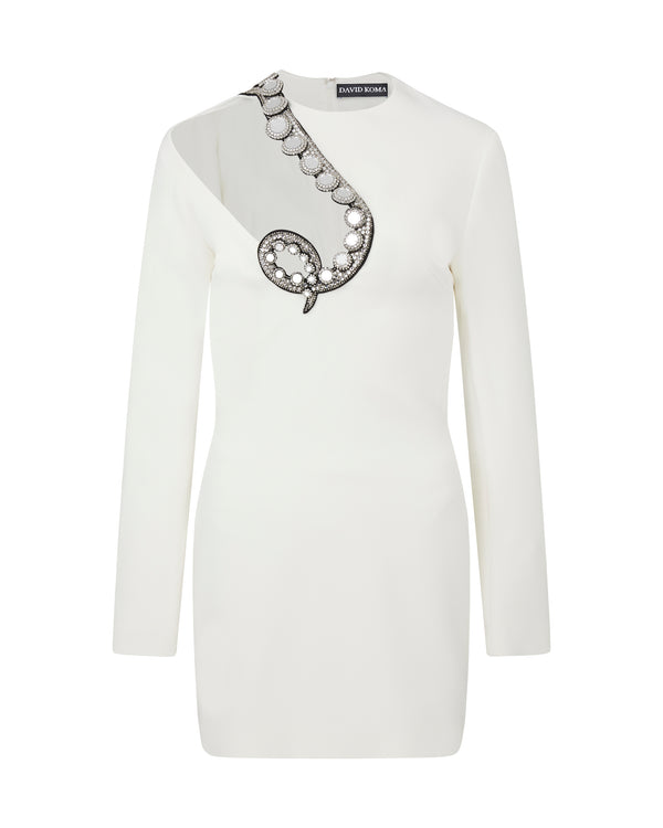 david koma CRYSTAL TENTACLE EMBROIDERY CUTOUT MINI DRESS WHITE/IRIDESCENT