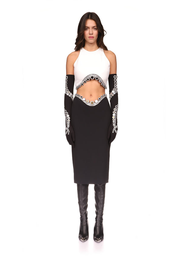 David Koma CRYSTAL TENTACLE EMBROIDERY MIDI SKIRT IN WHITE WHITE/SILVER
