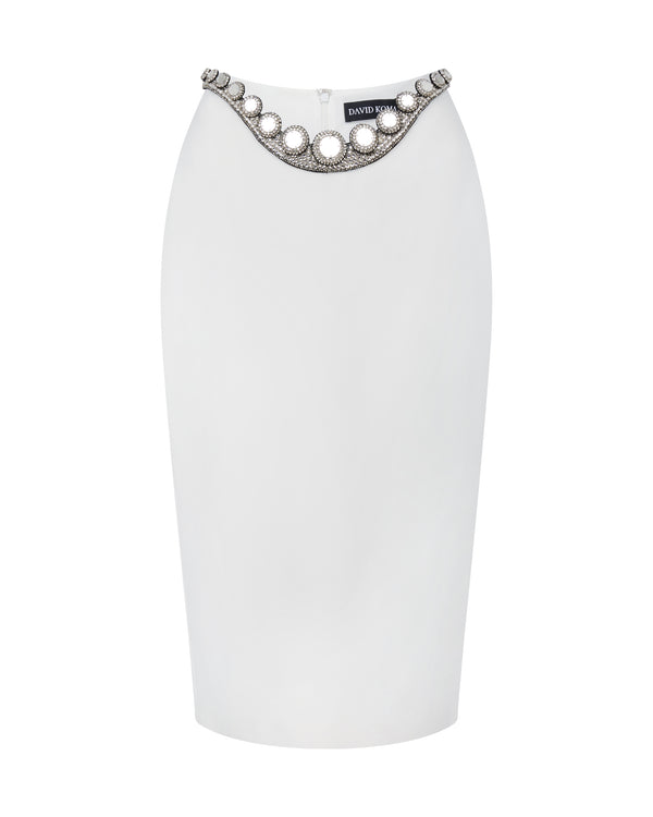 david koma CRYSTAL TENTACLE EMBROIDERY MIDI SKIRT IN WHITE WHITE/SILVER