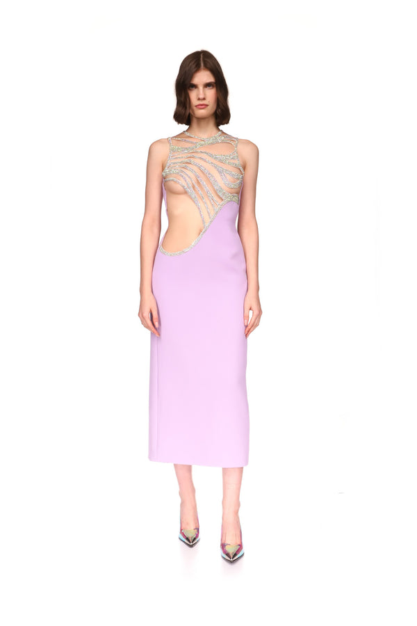 David Koma CRYSTAL WAVE SLEEVELESS MIDI DRESS LILAC/IRIDESCENT