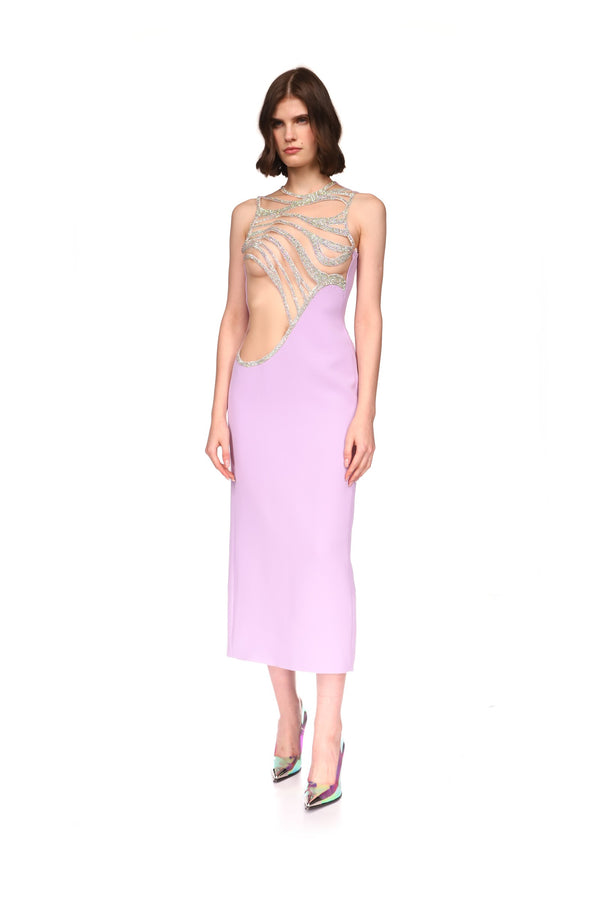 David Koma CRYSTAL WAVE SLEEVELESS MIDI DRESS LILAC/IRIDESCENT