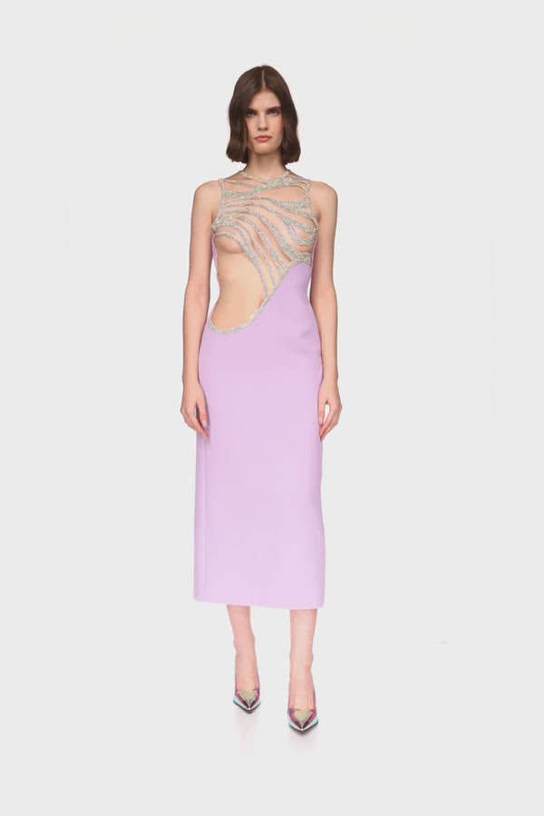 David Koma CRYSTAL WAVE SLEEVELESS MIDI DRESS LILAC/IRIDESCENT