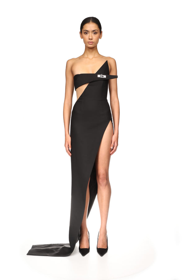 David Koma ASYMMETRIC CUT OUT GOWN BLACK/SILVER