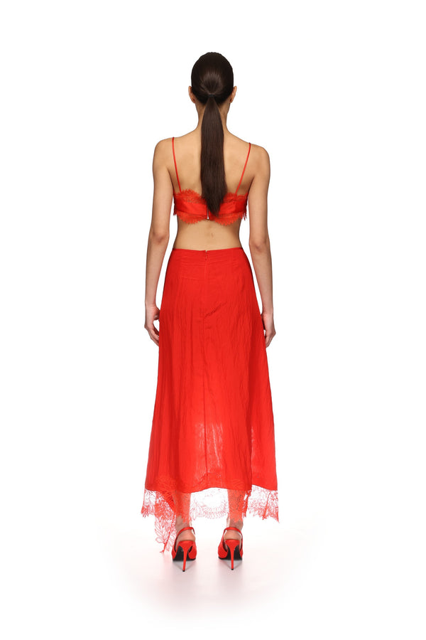 David Koma ASYMMETRIC LACE HEM MIDI SKIRT RED