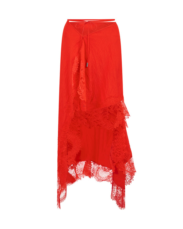 david koma ASYMMETRIC LACE HEM MIDI SKIRT RED