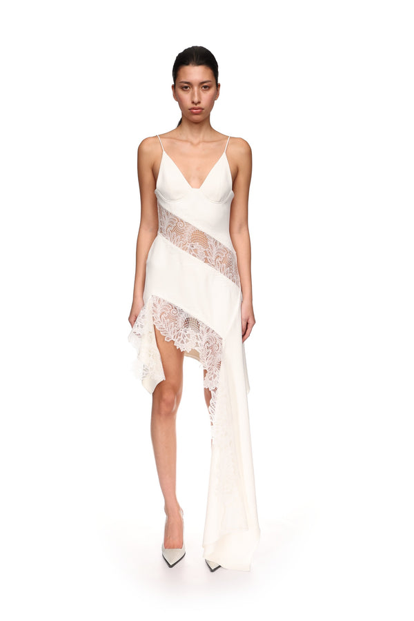 David Koma ASYMMETRIC LACE INSERT DRESS WHITE