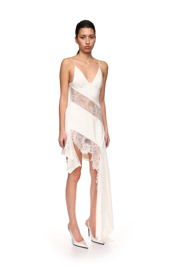 David Koma ASYMMETRIC LACE INSERT DRESS WHITE