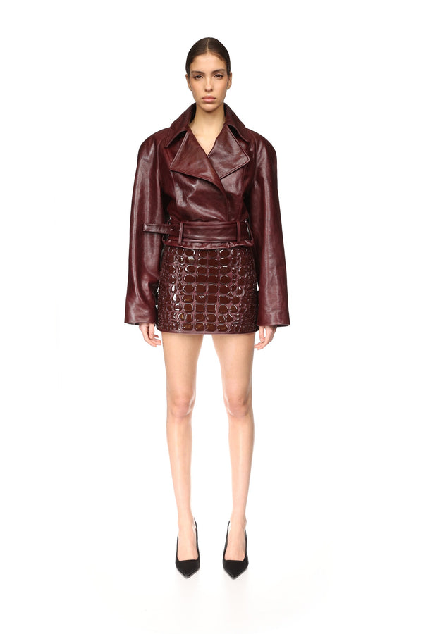 David Koma BOXY CROPPED LEATHER JACKET BURGUNDY
