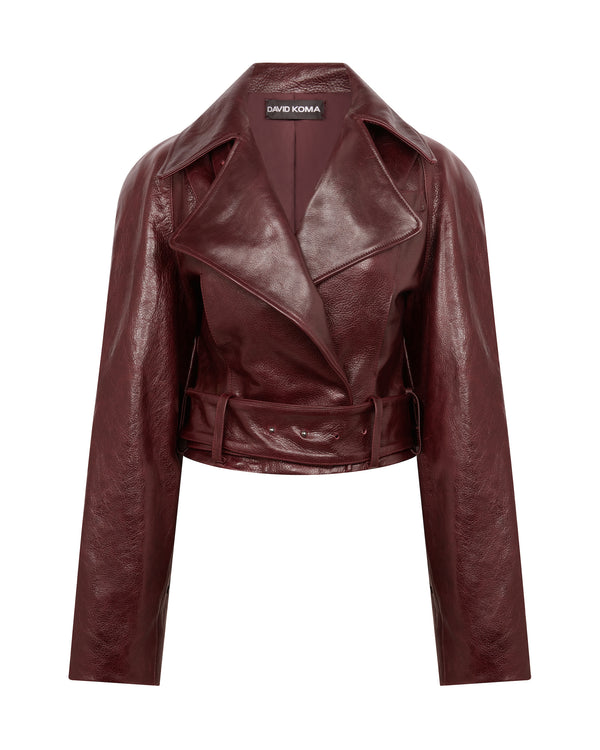 david koma BOXY CROPPED LEATHER JACKET BURGUNDY