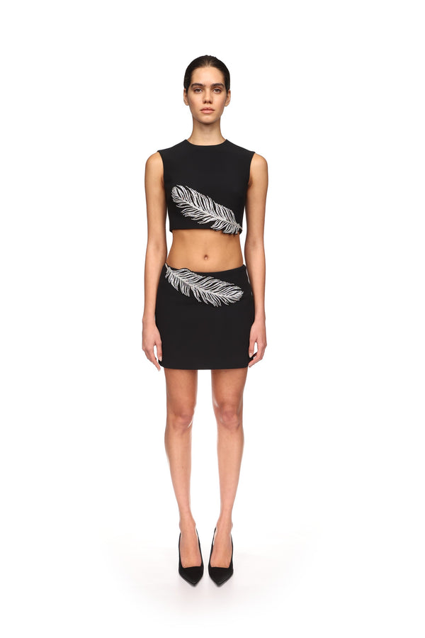 David Koma CRYSTAL FEATHER MINI SKIRT BLACK