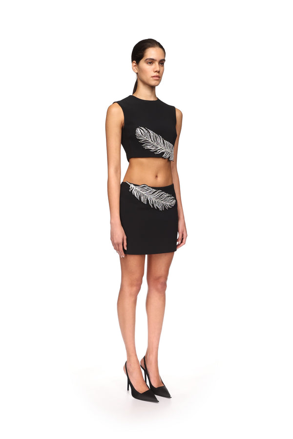 David Koma CRYSTAL FEATHER MINI SKIRT BLACK