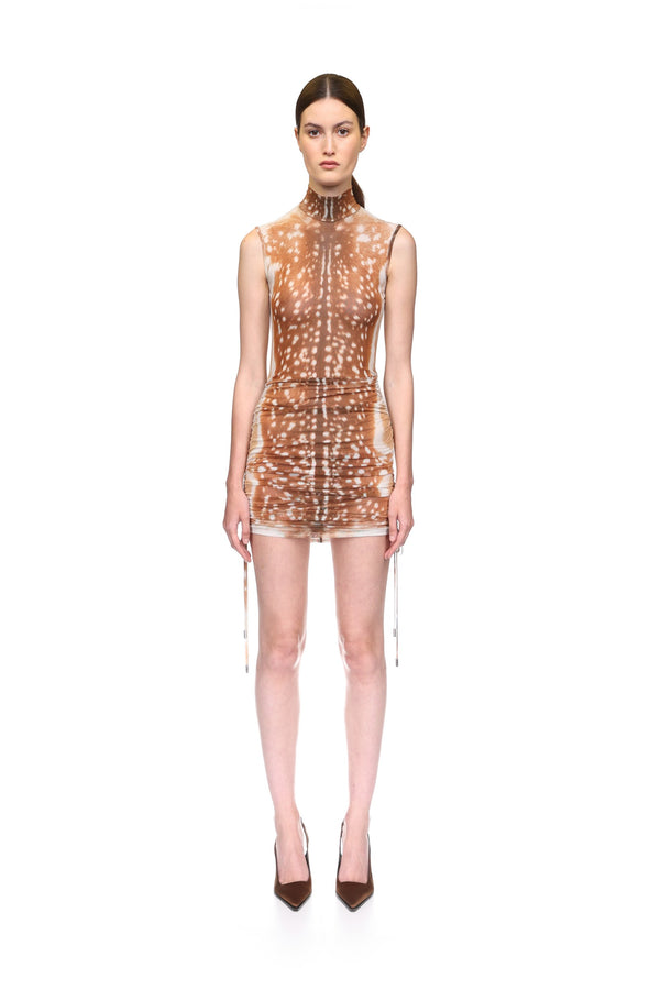 David Koma DEER HIDE PRINT RUSHED MINI DRESS BROWN
