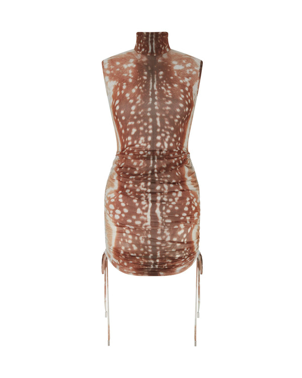 david koma DEER HIDE PRINT RUSHED MINI DRESS BROWN