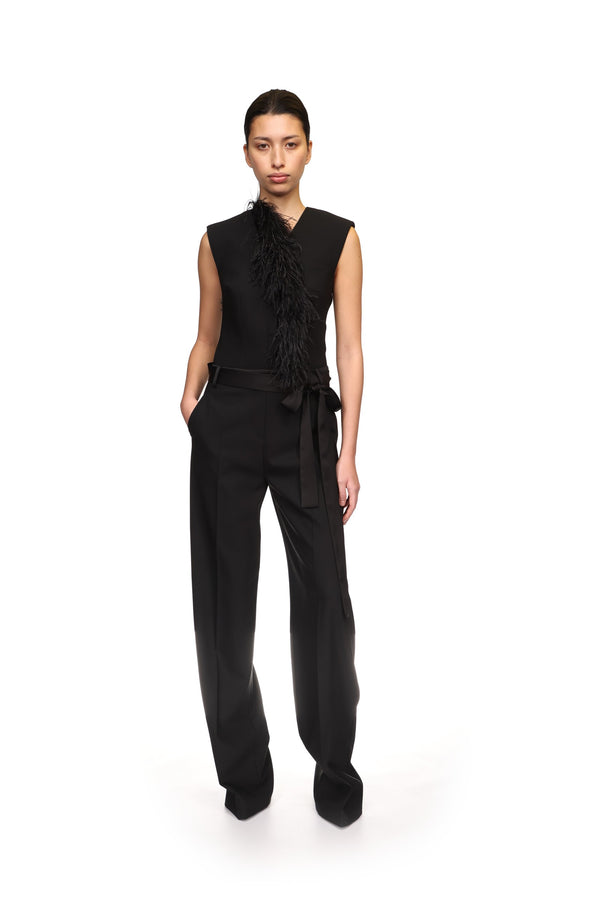 David Koma DETACHABLE FEATHER TRIM JUMPSUIT BLACK