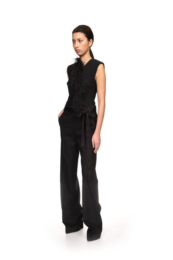 David Koma DETACHABLE FEATHER TRIM JUMPSUIT BLACK