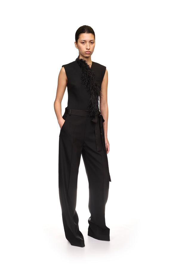 David Koma DETACHABLE FEATHER TRIM JUMPSUIT BLACK
