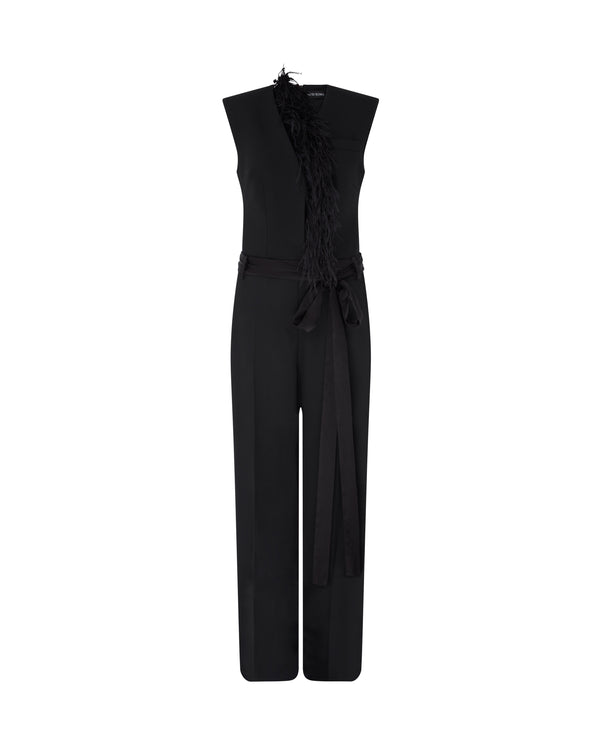 david koma DETACHABLE FEATHER TRIM JUMPSUIT BLACK