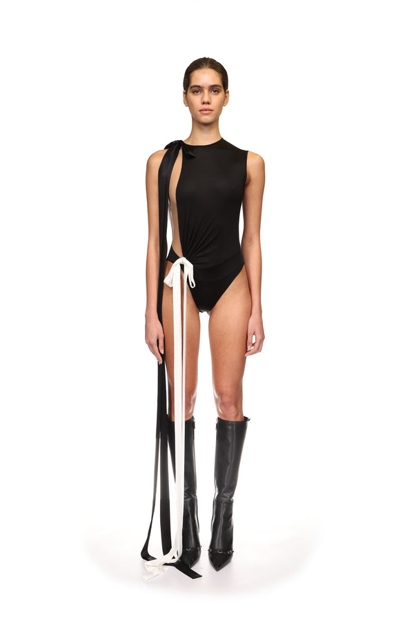 David Koma DOUBLE SATIN BOW BODYSUIT BLACK