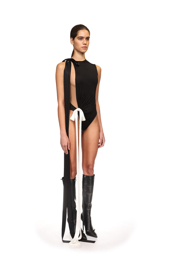 David Koma DOUBLE SATIN BOW BODYSUIT BLACK