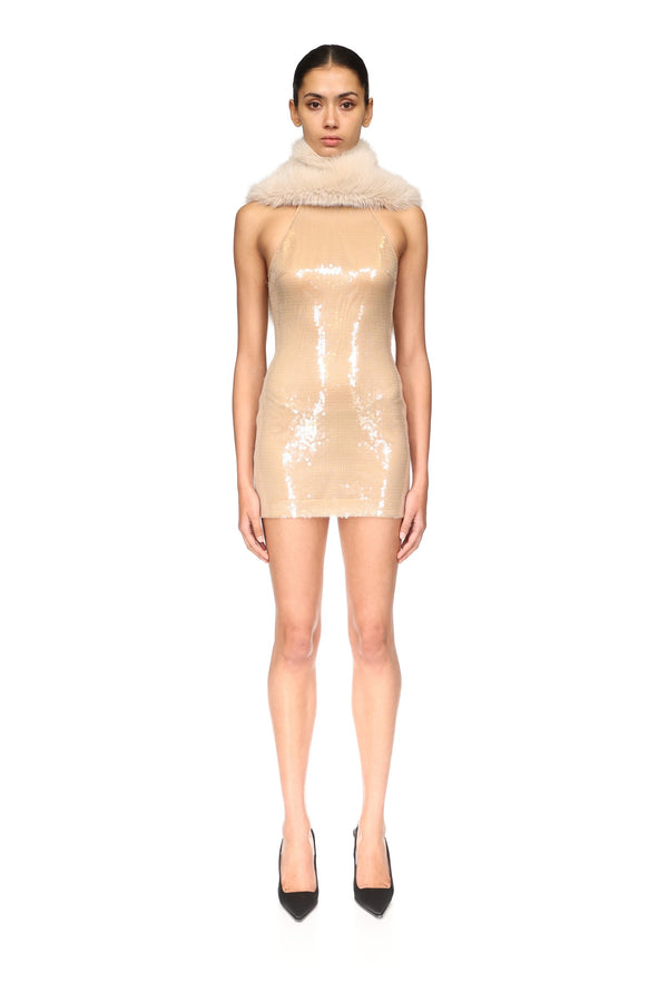 David Koma FAUX-FUR SHAWL DETAIL MINI DRESS BEIGE